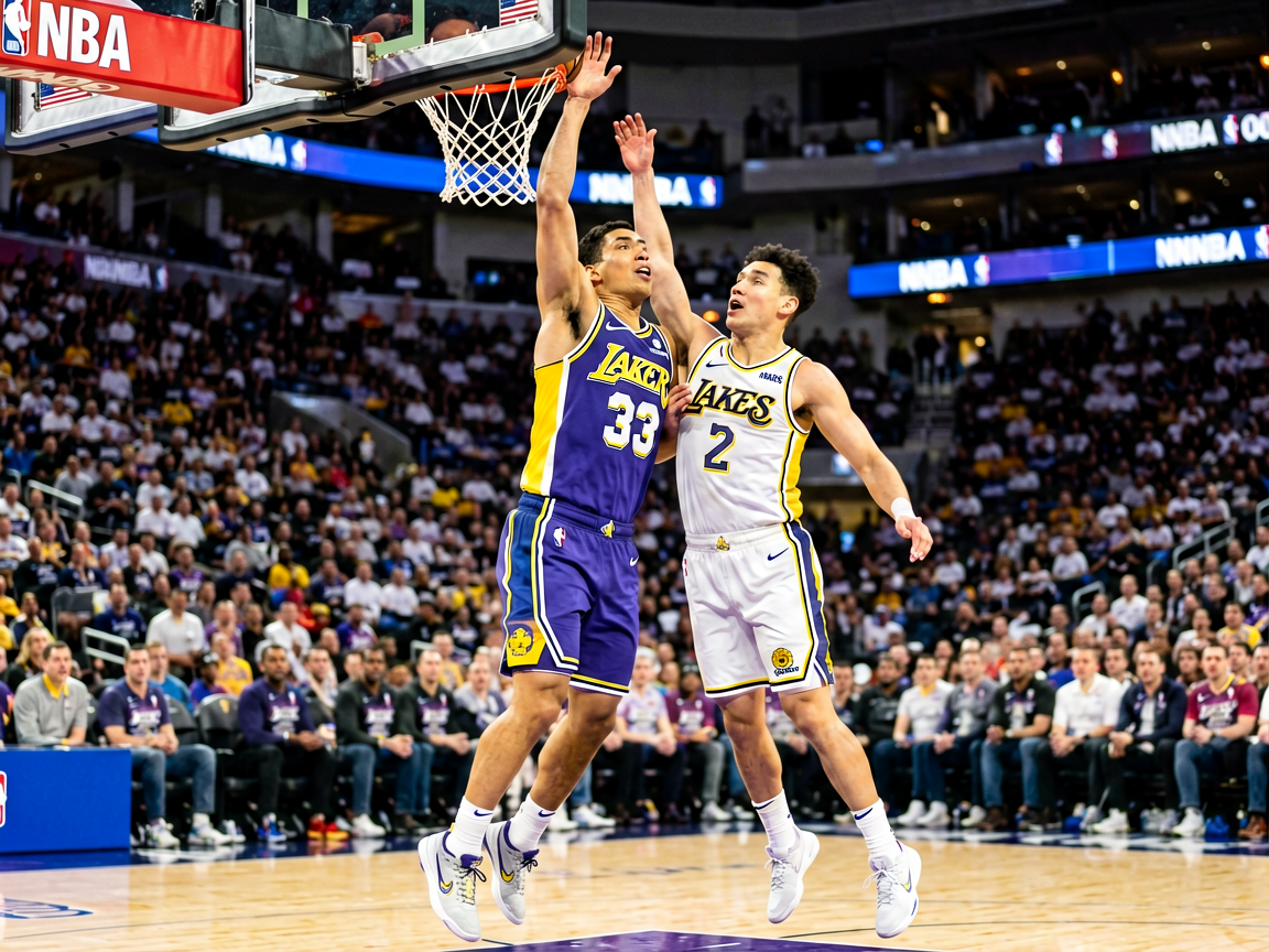 NBA常规赛激烈对抗，球员突破上篮精彩瞬间
